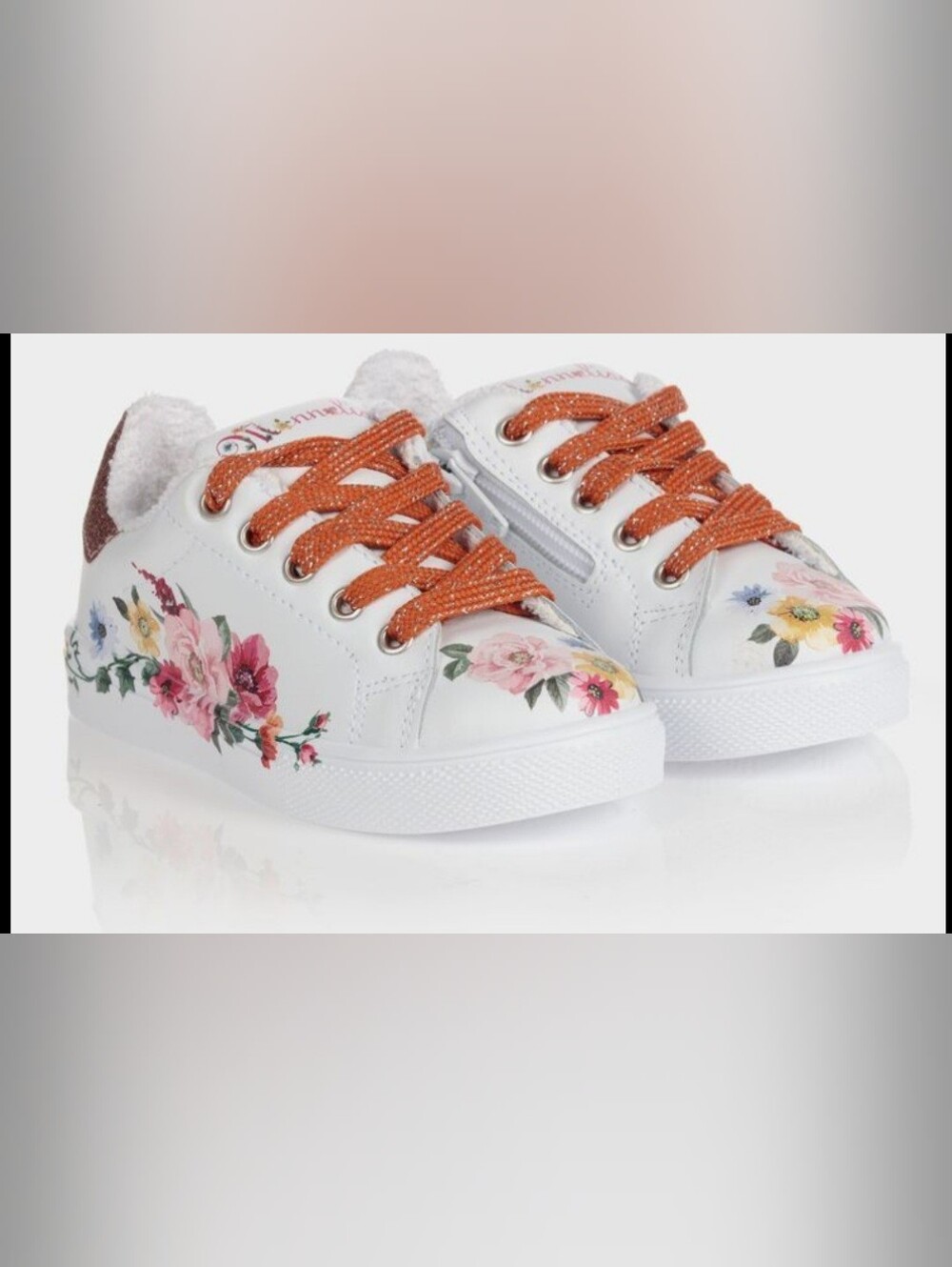MONNALISA Genuine Leather Floral Sneakers Made in Italy, Size 10
